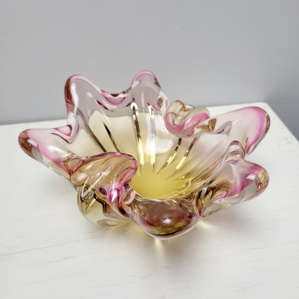 Murano Art Glass Vintage Ashtray Pink Yellow Mid-Century Italian Glass 8" x 6"